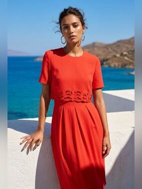VINTAGE Cottagecore Retro Ms. Chaus Cherry Red Two-Piece Midi Dress Eyelet Hem